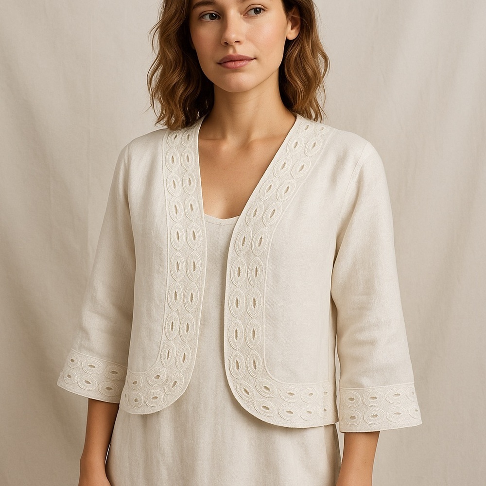 JSong collection linen layering jacket wearable art embroidery white size 12